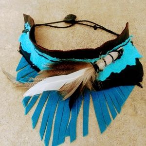 Feather, Leather Suede Fringe Choker